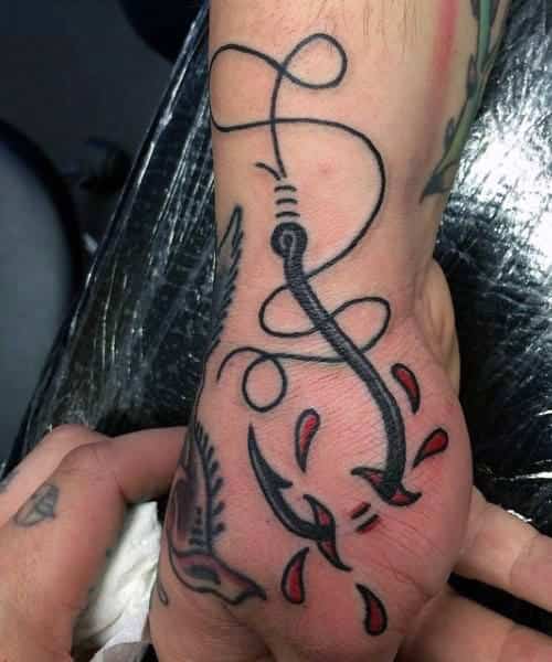 Fish Hook Traditional Side Of Hand Tattoos For Men