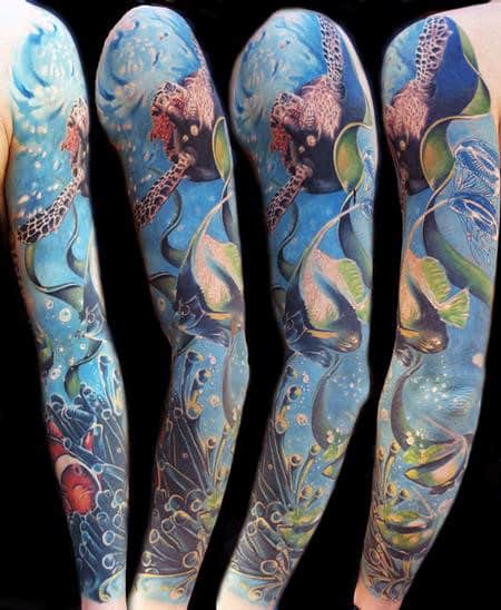 Freehand Underwater sleeve by Stefano Alcantara TattooNOW