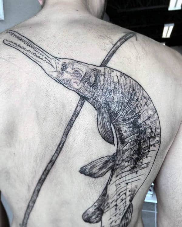 Fish Through Spear Mens Full Back Tattoos