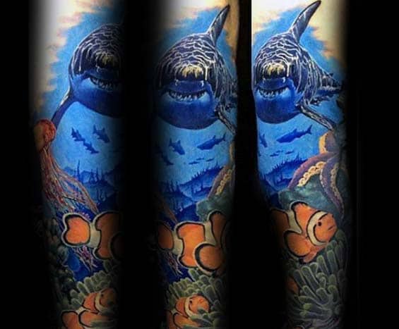 Fish With Dolphin Mens Ocean Forearm Sleeve Tattoo