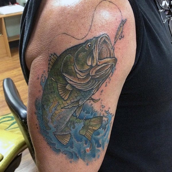 Fishing Jumping Bass Bicep Tattoo For Men