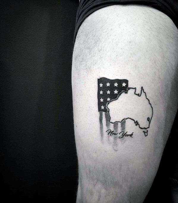 Flag With New York Outline State Simple Leg Tattoo For Men