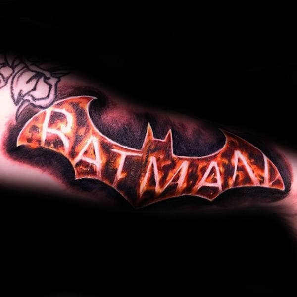 Flaming Batman Symbol Mens Forearm Tattoos