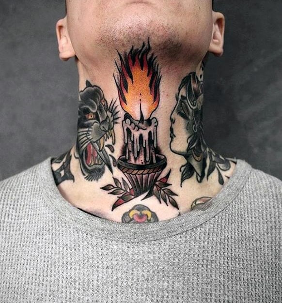 Flaming Candle Mens Traditional Neck Tattoo