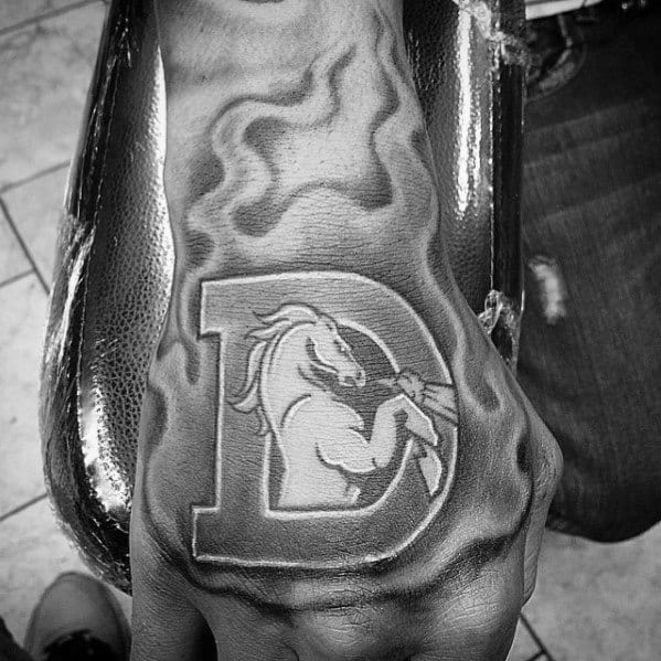 Flaming Denver Broncos Letter D Mens Hand Tattoo