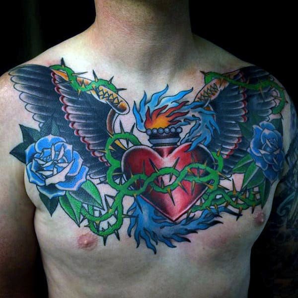 Flaming Heart Mens Traditional Religious Upper Chest Tattoos