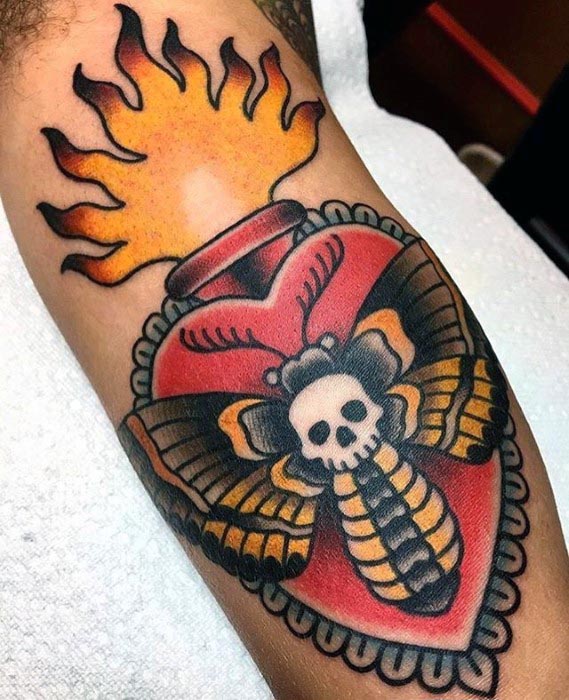 Flaming Heart With Moth Mens Traditional Inner Arm Bicep Tattoos