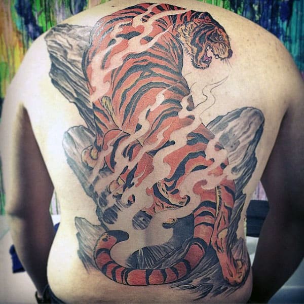 Flaming Japanese Tiger Male Back Tattoo Ideas