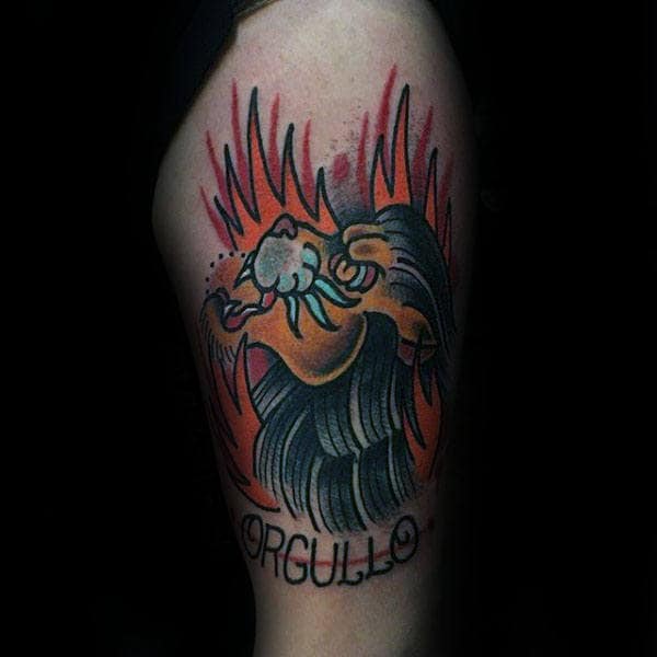 Flaming Lion Male Traditional Upper Arm Tattoos