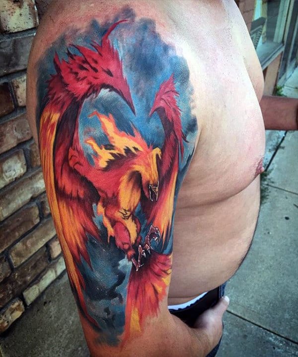 Flaming Phoenix Creative Watercolor Tattoos For Men Half Sleeve
