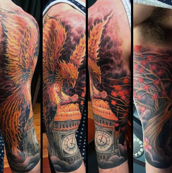 Flaming Phoenix Mens Fire Tattoo Sleeve Ideas