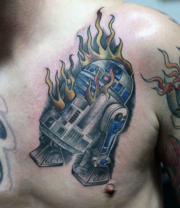 Flaming Rd2d Astromech Droid Tattoo On Mans Chest