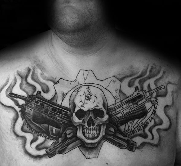 Flaming Skull Gears Of War Male Chest Tattoos