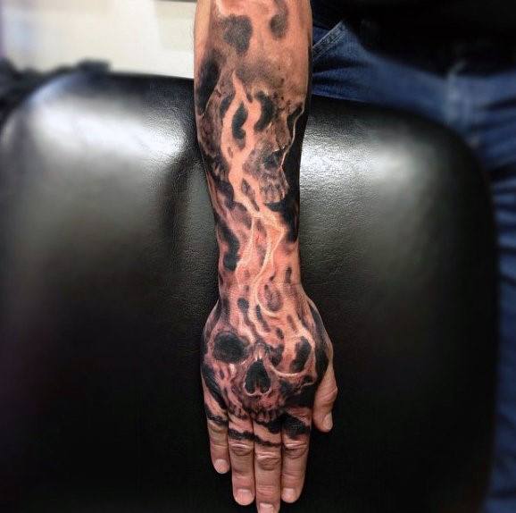 Flaming Skull Guys Tattoo Designs Hand And Forearm Sleeve