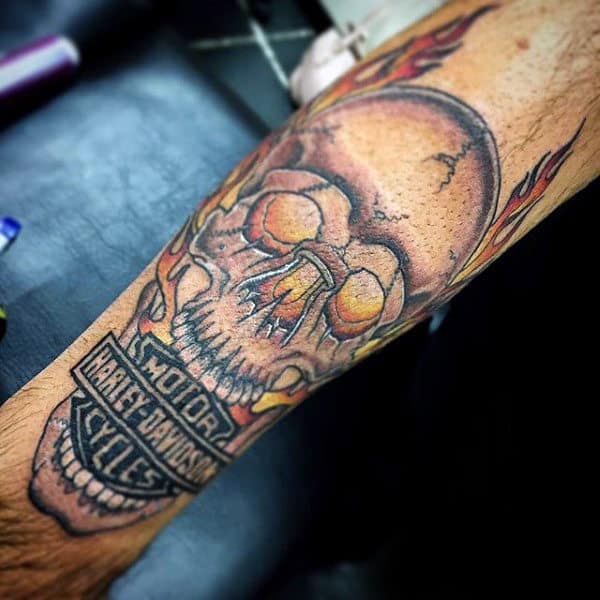 Flaming Skull Harley Davidson Logo Mens Forearm Tattoo