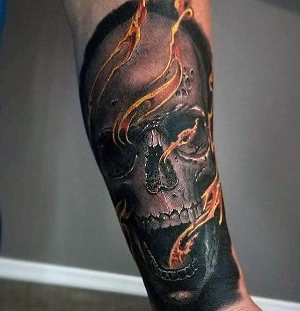 Flaming Skull Mens Unique Leg Sleeve Tattoo