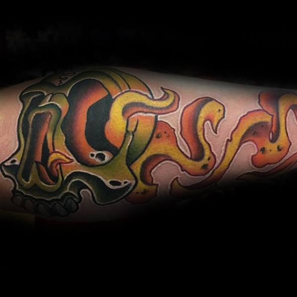 Flaming Skull Tattoos Male Outer Side Of Forearm