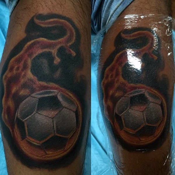 Flaming Soccerball Mens Tattoo On Arm
