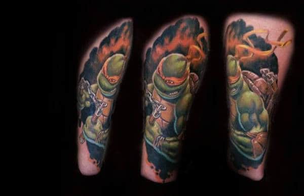Flaming Teenage Mutant Ninja Turtle Mens Thigh Tattoo