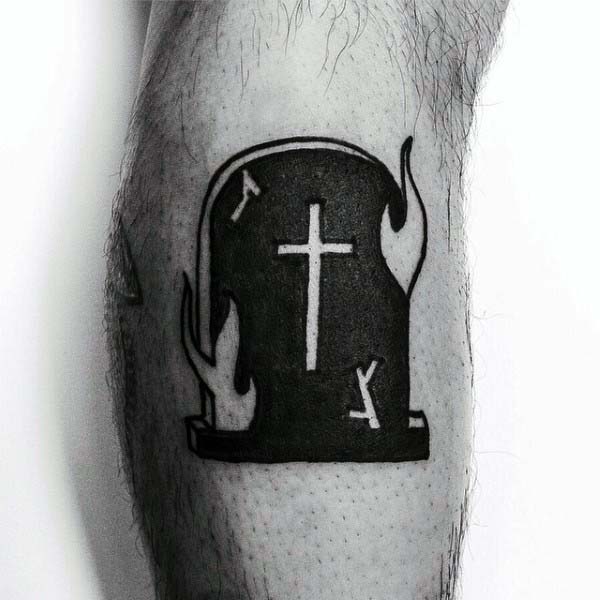 Flaming Tombstone With Cross Negative Space Tattoo For Guys