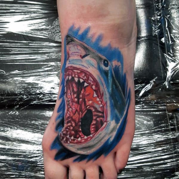 Fleshy Mouthed Shark Tattoo On Foot For Males
