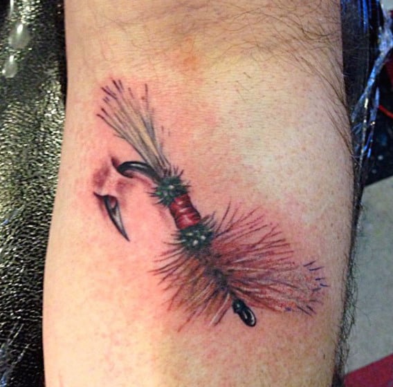 Flies Fish Hook Tattoo Design On Mans Arm