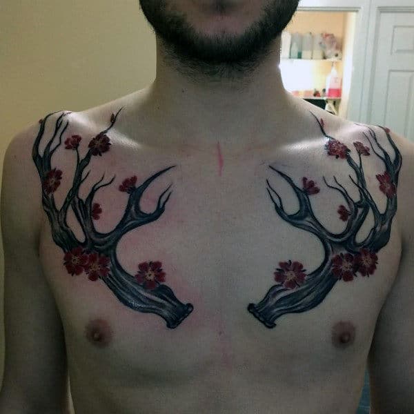 Floral Antler Chest Tattoos For Guys