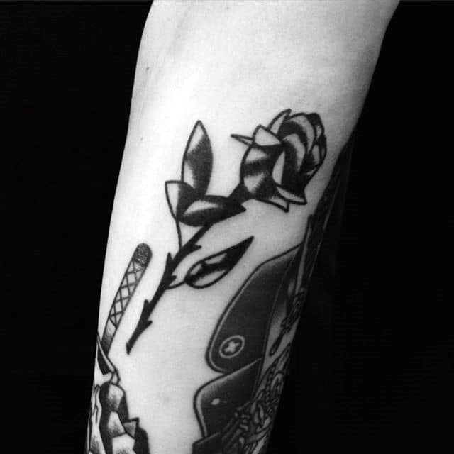 Floral Black Rose With Stem Mens Small Simple Arm Tattoo