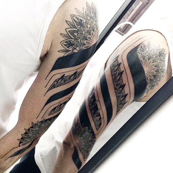 Floral Blackwork Tribal Arm Tattoos For Guys