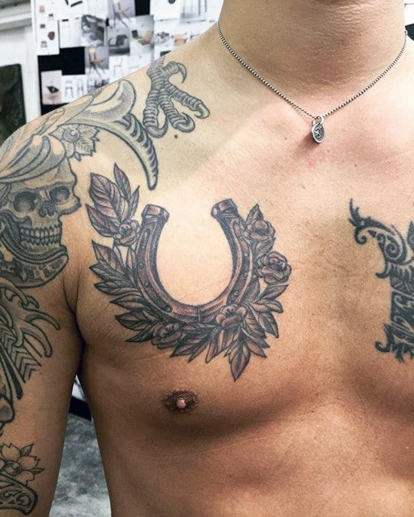 Floral Chest Horseshoe Mens Tattoo