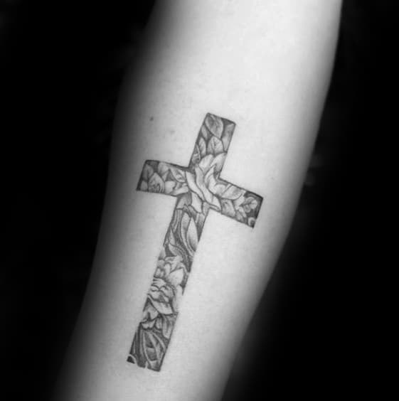 Floral Cross Small Religious Forearm Tattoos For Males