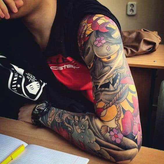 Floral Demon Guys Japanese Sleeve Tattoos