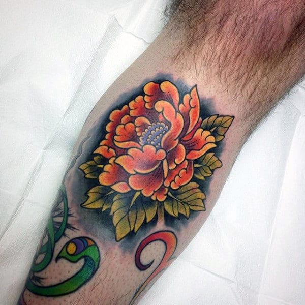 Floral Flower Guys Colorful Shin Tattoo Ideas