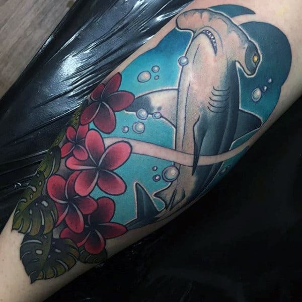 Floral Hammerhead Shark Creative Mens Leg Tattoo