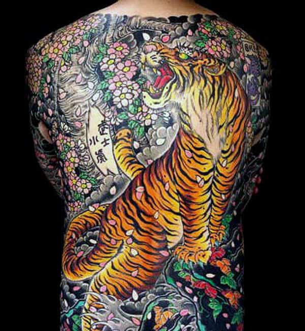 Floral Japanese Tiger Mens Back Tattoos