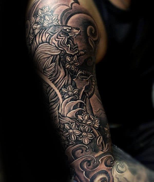 Floral Japanese Tiger With Ocean Waves Mens Sleeve Tattoo Designs
