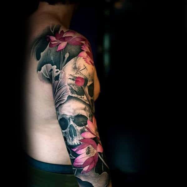 Floral Mens Full Skull Tattoo Design On Arm