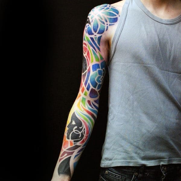 Floral Patern Colorful Mens Sleeve Tattoo With Artistic Design
