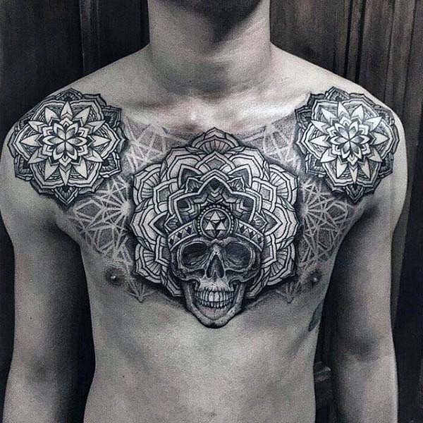 Floral Pattern Skull Mens Nice Upper Chest Tattoos