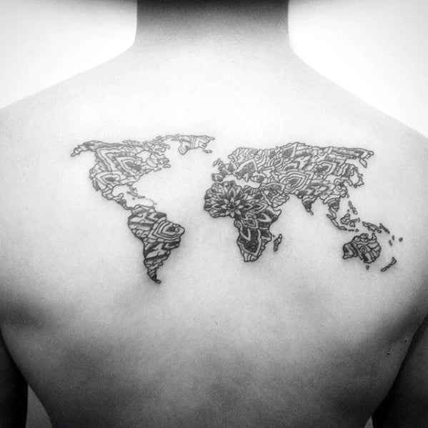 Floral Pattern World Map Wanderlust Upper Back Tattoo For Guys