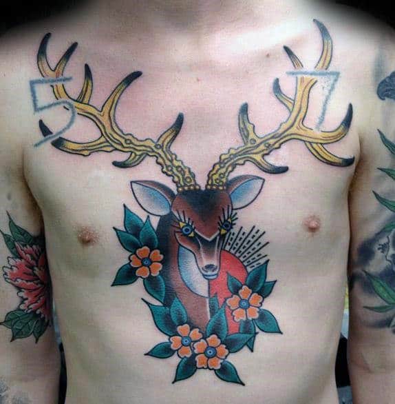 Floral Traditional Deer Male Chest Tattoo