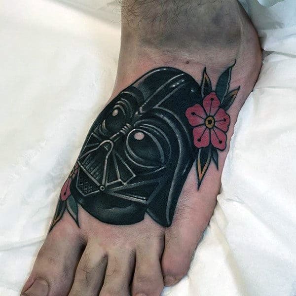 Flower And Darth Vader Male Feet Tattoo