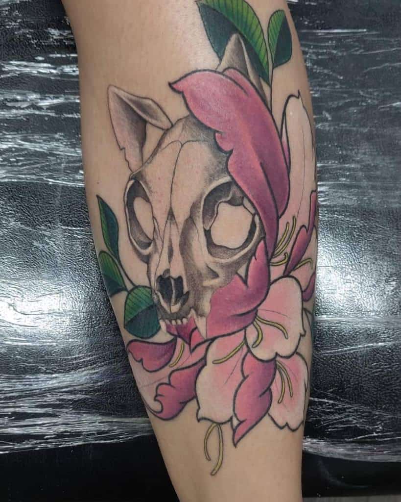 flower cat skull tattoo jose_arvelo_tattoos