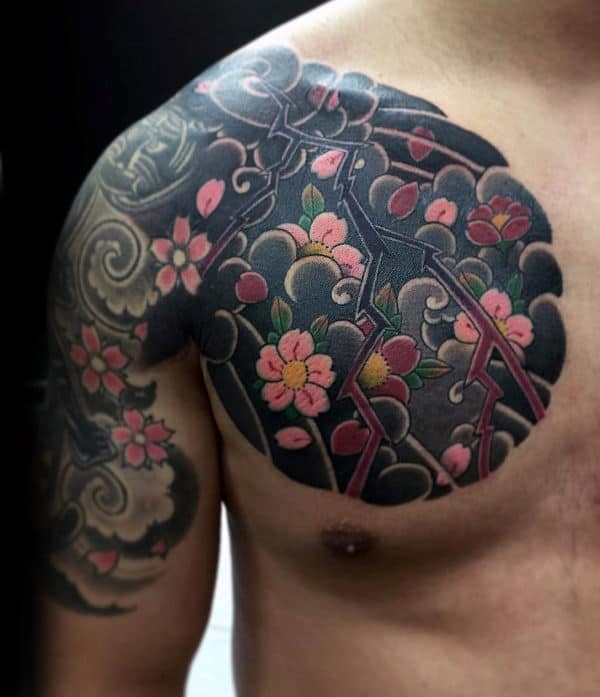Flower Cherry Blossom Mens Japanese Chest And Arm Tattoos