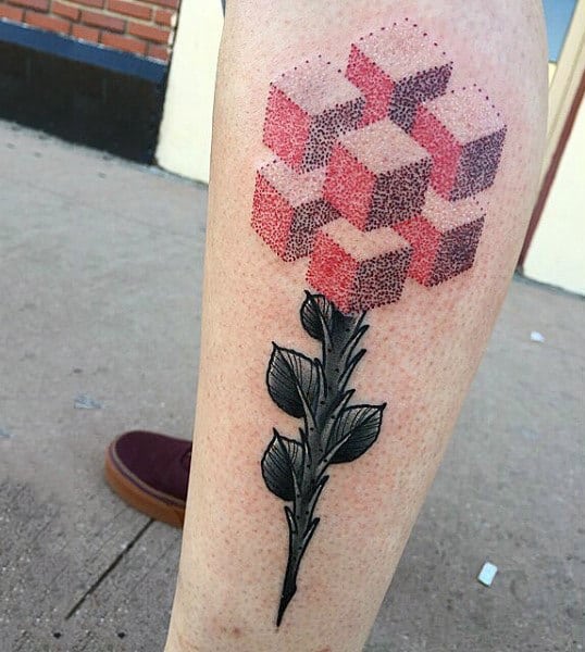 Flower Cubed Optical Illusion Leg Male Tattoo