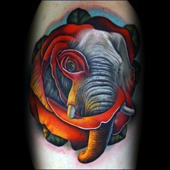 Flower Elephant Rose Flower Arm Masculine Morph Tattoos For Men