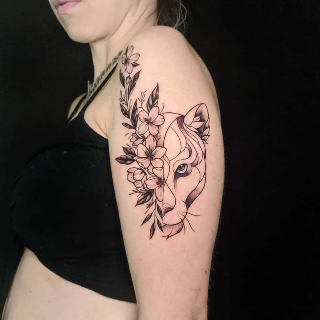 Flower Fine Line Lioness Tattoo