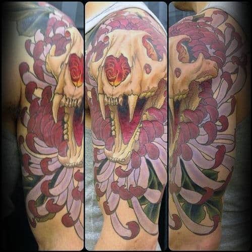 Flower Lion Skull Male Half Sleeve Tattoo Design