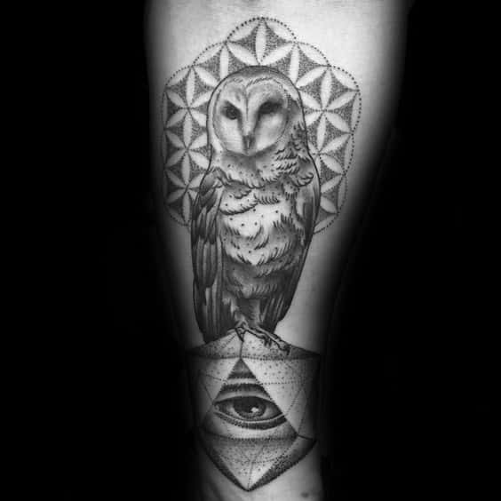Flower Of Life Barn Owl With All Seeing Eye Mens Inner Forearm Tattoos