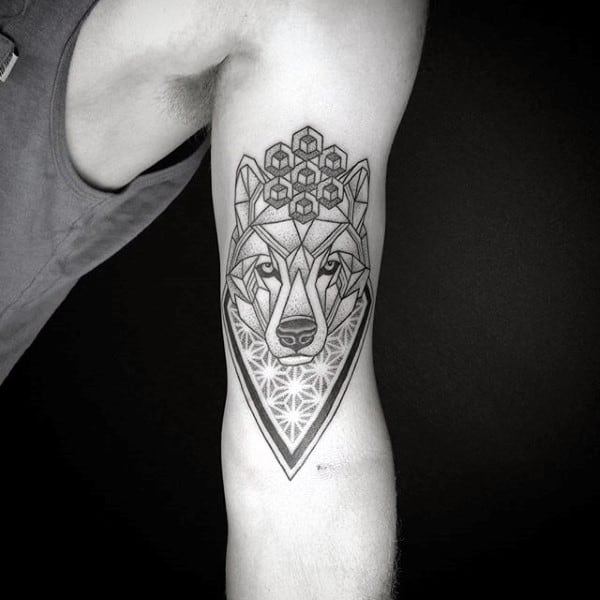 Flower Of Life Geometric Wolf Tattoos For Guys On Bicep Of Inner Arm